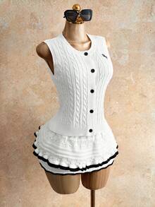 Mistrie Women's White Knit Button Sweater Vest Top Twisted Rope Sleeveless Casual Autumn Elegant And Classy School Back-To-School Patchwork Summer Tops - White - View 7