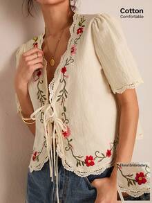 Easelle 女士度假系带泡泡袖刺绣休闲衬衫花朵刺绣夏季海滩度假杏色 - 杏色 - 查看 1