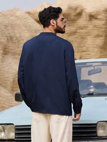 DAZY Camisa de manga larga azul marino con diseño de ribete en el cuello, estilo de Oriente Medio para hombres, primavera verano - Azul Marino - Ver 4