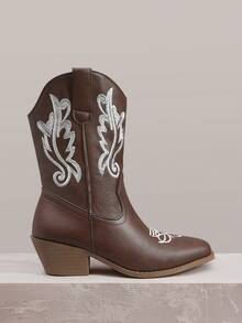 Styleloop 女士粉色西部靴，尖头V型厚底刺绣皮靴，低跟木屐，套穿式骑马靴和踝靴春季鞋 - 深棕色 - 查看 1