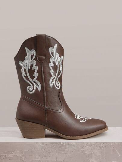 Styleloop Women Pink Western Boots, Pointed Toe V-Cut Thick Heel Embroidered Leather Boots, Low Heel Clogs, Pull-On Riding Boots And Ankle Boots Spring Shoes