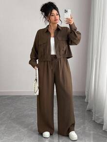 Elenzga 大码女式法式浪漫西西里优雅休闲通勤度假纯棕色衬衫领隐形门襟松紧下摆长袖衬衫 + 松紧腰工装裤套装，春/秋/冬棕色两件套女式两件套裤装女式棕色裤装两件套女式套装女式 - 棕色 - 查看 6