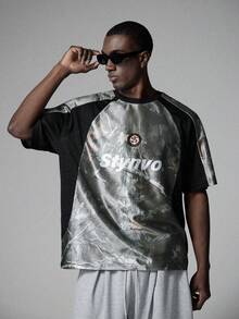 STYNVO 男士撞色字母印花休闲圆领短袖T恤，夏季男士短袖T恤，男士宽松图案T恤，男士夏季休闲T恤 - 彩色 - 查看 1