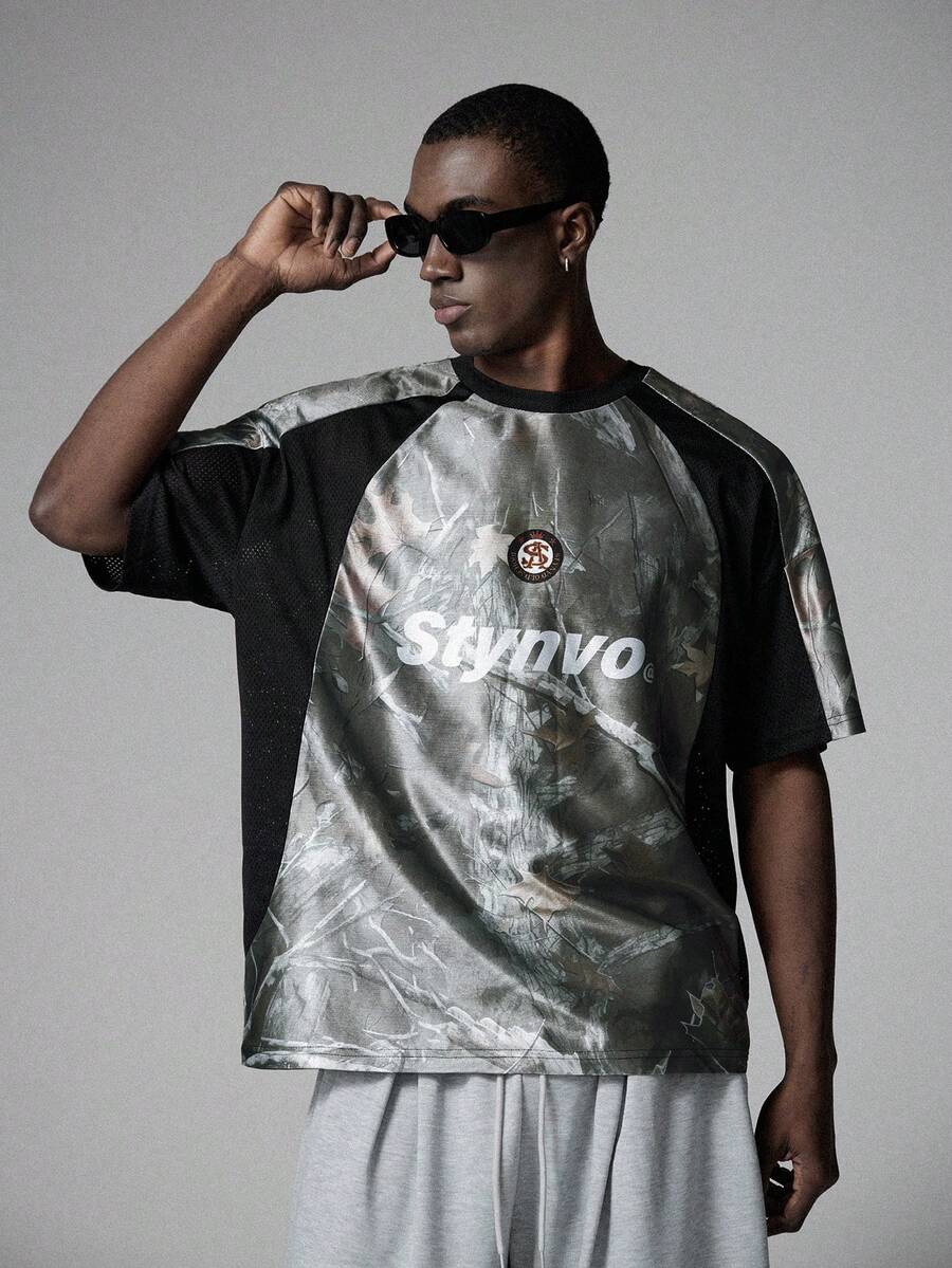 STYNVO 男士撞色字母印花休闲圆领短袖T恤，夏季男士短袖T恤，男士宽松图案T恤，男士夏季休闲T恤 - 彩色 - 查看 1