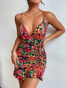 Breezaya Floral Print Ruffle Hem Belted Cami Bodycon Dress - Multicolor - View 6
