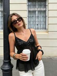 Elyressa Women's Fashionable Sequin Contrast Mesh Camisole For Summer - Black - View 5