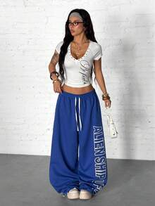 StreetHx 街头风女式朋克字母印花宽松长裤 - 藍色 - 查看 3