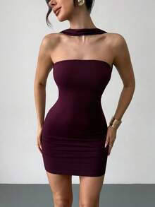 Aloruh 女士新款针织紧身性感露背迷你连衣裙，紫红色连衣裙/夜店装/派对装/夏季迷你裙 - 中紫紅色 - 查看 4