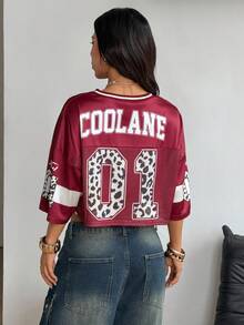 Coolane 女士夏季街头运动短款球衣，号码图案，宽松透气网眼T恤 - 酒紅色 - 查看 5