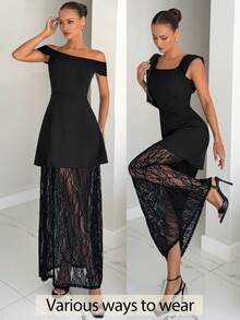 Siren Gaze Square Neck/Off-The-Shoulder Style Black Lace-Trimmed Long Dress For Women, Perfect For Summer. Elegant High-Waisted Dress, New Summer Design, Sophisticated And Stylish, Sheer Mesh Lace Trim, Perfect For Banquets Sexy Elegant Dress Black Lace Dress Black See Through Dress Lace Insert Dress 2 In 1 Dress - Black - View 1