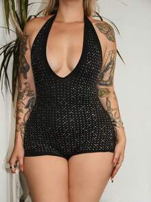 Arliah 女士性感水钻装饰深V领露背连体衣 - 黑色 - 查看 5