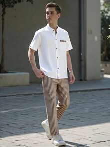 SHEIN Explorewe Áo sơ mi trắng họa tiết jacquard phong cách thường ngày mùa hè cho bé trai, phối cùng quần kaki kẻ sọc dọc. - Màu Khaki - Xem 8