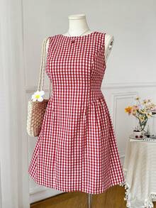 Comfortcana Đầm dáng chữ A hở lưng, thắt nơ, kẻ caro đỏ trắng, cỡ lớn, thích hợp cho kỳ nghỉ. - Đỏ và trắng - Xem 7