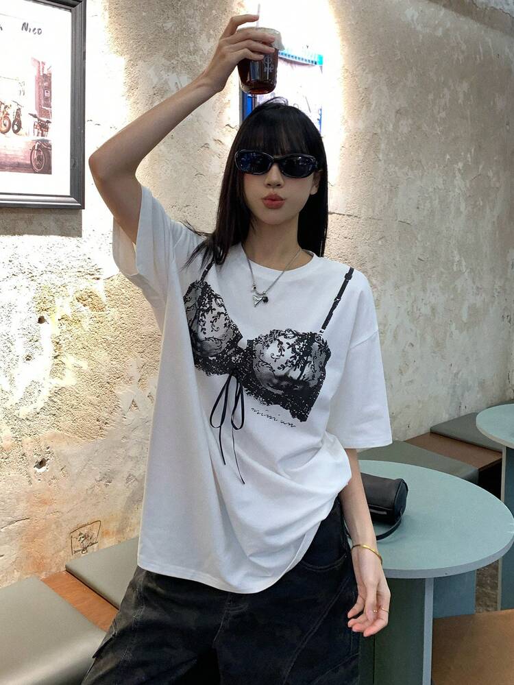 Women's Round Neck Lace Print 2 In 1 Short Sleeve T-Shirt, Korean Style Graphic Tees Women