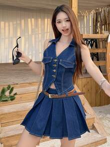 DAZY 女士牛仔衬衫（带领）搭配宽松牛仔裙，韩版休闲套装 - 藍色 - 查看 6
