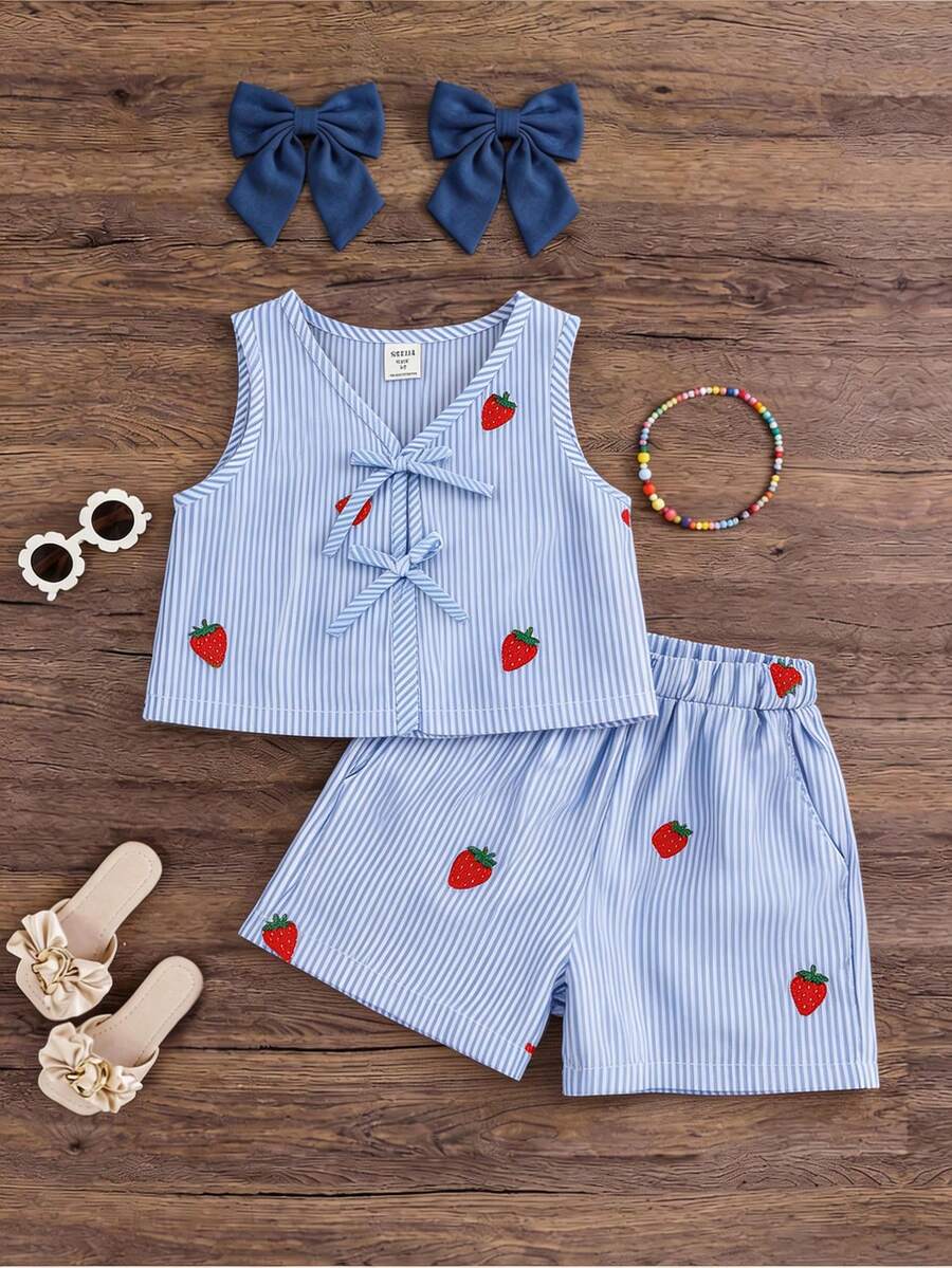 Emery Rose Kids Emery Rose Kids 两件套女童条纹圆领上衣和短裤套装 - 藍色 - 查看 1