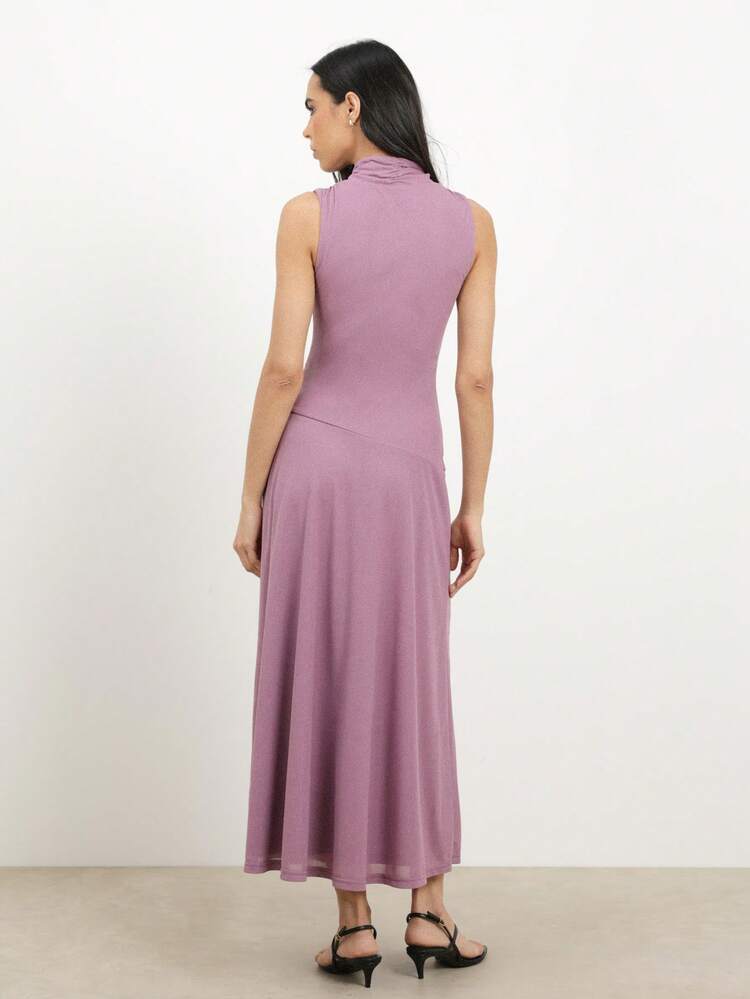 KSTM Women's Sleeveless V-Neck Maxi Dress With Gathered High Neck Detail And Flowing A-Line Silhouette For Casual Day Events