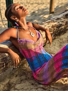 Swim Vcay Women's Vacation Striped Draped Neck Cover Up Dress - Multicolor - View 4