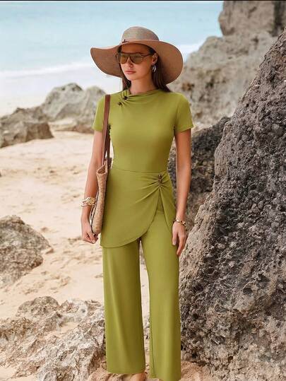 Swim Shayni Bộ đồ bơi nữ mùa hè mới, cổ tròn, tay ngắn, thắt eo, xếp ly xẻ tà phía trước, gồm váy và quần ống rộng, màu xanh lá cây, kiểu burkini thường ngày, thích hợp cho kỳ nghỉ.