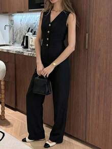 Conjunto 2 piezas Chaleco y pantalón tipo sastre mujer elegante, botones al frente, traje sofisticado para eventos formales y casuales tejido ligero cuelloescote V pantalón largo tipo sastre pierna recta, cómodo fresco eleganate día noche fiesta evento ideal para la oficina o el trabajo - Negro - Ver 7