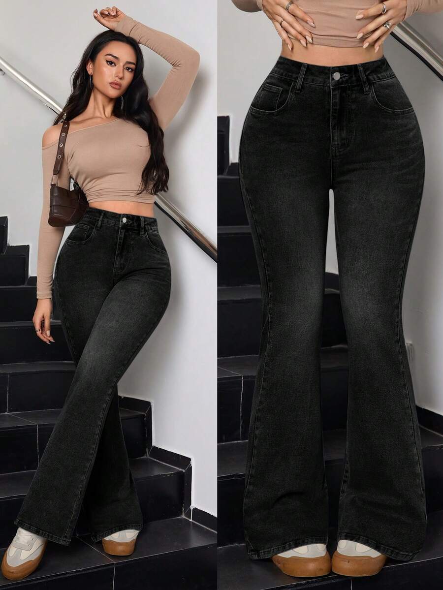 SHEIN Tall Women's High Waist Pocket Flare Casual Street Wear Versatile Jeans Summer/ Chic Vintage-Washed Elegant Flared Jeans, Tall Women Dates Dark Washed - Black - View 1