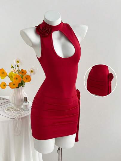 Elamini Y2K Sexy Tropical Island Resort 3D Floral Decor Mini Dress For Women