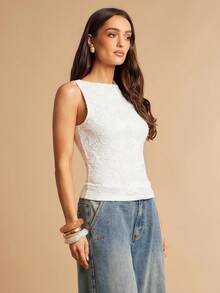 Silquee Top polyvalent à volants en dentelle cachemire blanc pour femmes, top sans manches élégant d'été pour brunch, plage, décontracté, festival, campagne, formel, vacances - Blanc - Voir 6