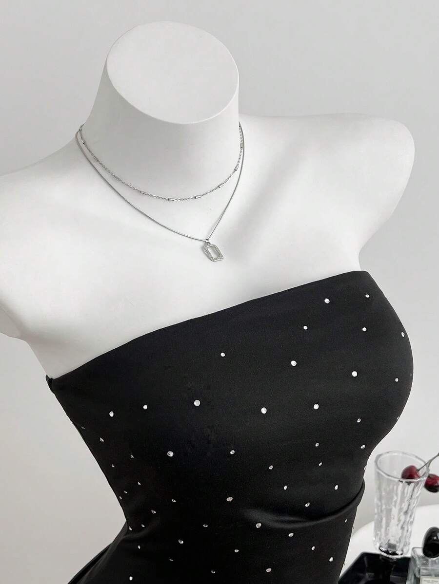 Elamini 女士休闲简约水钻装饰抹胸露脐上衣 - 黑色 - 查看 1