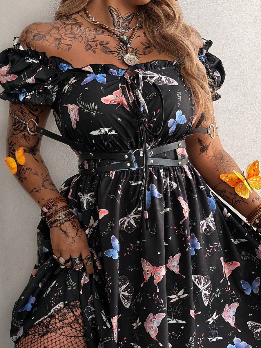 Whyspr Drawstring Square Neck Printed Short Sleeve Waist Cinched Dress - Black - View 1