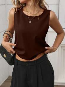 SHEIN Clasi Women's Solid Color Bow Decor Back Tank Top - Coffee Brown - View 4