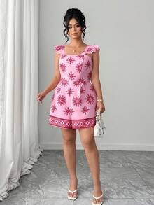 Elenzga Plus Size Women Elegant Casual Beach Holiday Minimalist Square Neck Cap Sleeve Tie-Front Backless Waist Cinched Short Printed Jumpsuit - Pink - View 8