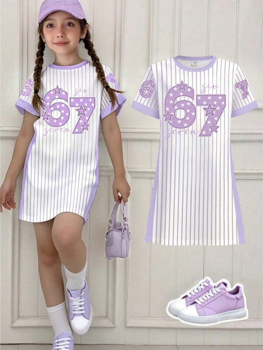 SHEIN 春夏女童休闲时尚创意清新简约紫色星星数字67竖条纹拼接字母标语印花宽松T恤裙,舒适夏秋装 - 彩色 - 查看 1