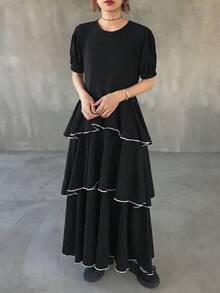 FRIFUL Women's Round Neck Petal Sleeve Layered Cake Hem Decorated A-Line Long Dress Sundress - Black - View 3
