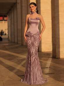 Glamrae Falda de sirena de satén fruncido con empalme de malla bordada con perlas elegante y lujosa, adecuada para boda, fiesta, vacaciones, baile, vestido de noche (bordado pesado) - Rosa - Ver 3