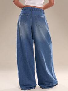 Avantive Quần jeans nữ ống rộng xếp ly, dáng suông, thoải mái, đa năng. - Rửa trung bình - Xem 3