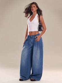 Avantive Quần jeans nữ ống rộng xếp ly, dáng suông, thoải mái, đa năng. - Rửa trung bình - Xem 7