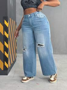 EMERY ROSE Quần jean ống rộng dáng rộng không co giãn, giặt cũ, màu xanh nhạt thanh lịch dành cho nữ cỡ lớn - Rửa nhẹ - Xem 5