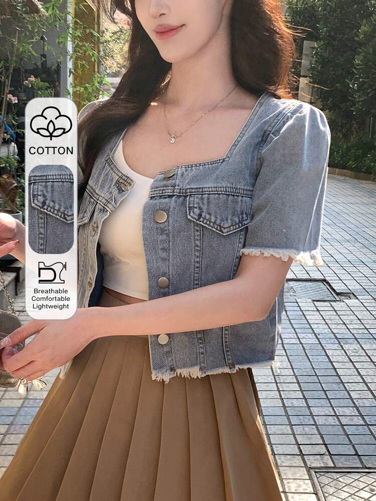 Women's Square Neck Washed Denim Casual Girly Blouse Cute Tops