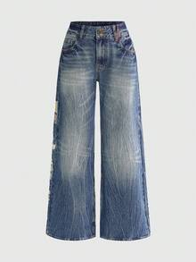 ROMWE Avant Nuevos jeans retro de cintura baja con bordado de geisha y lirio al estilo chino para mujeres - Azul - Ver 2