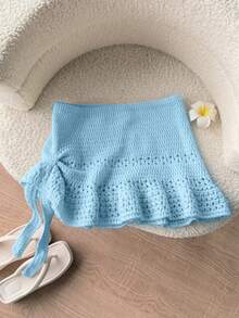 Elamini Women's Red Skirt, Fashionable Summer Beach Outfit, Low-Waist Hollow-Out Ruffled Mini Skirt, Versatile Sweet Vacation Style - Baby Blue - View 3