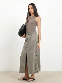 KSTM Women Denim Button Down Front Slit Maxi Skirt Washed Vintage High Waisted Long A Line Summer Spring Casual Everyday - Green - View 4