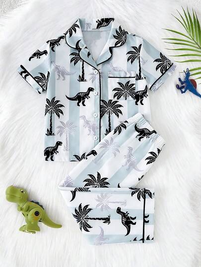 2 piezas Conjunto de pijama informal de niño pequeño con top de manga corta y pantalones cómodos