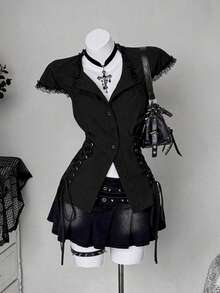 Áo sơ mi cỡ lớn phong cách Gothic tối màu thắt eo bên hông - màu đen - Xem 6