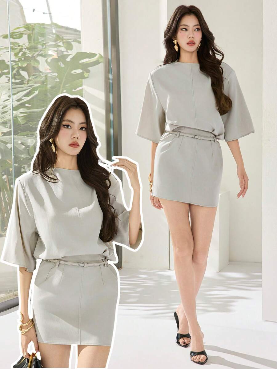 Heiryn Đầm ngắn nữ thanh lịch, màu trơn, có thắt lưng, thích hợp cho việc đi làm. - Xanh nhạt - Xem 1