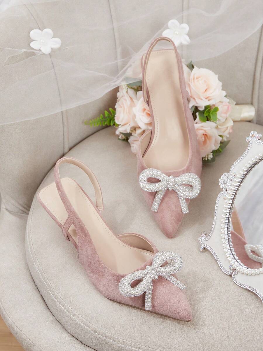 CUCCOO HITCHD 女士高跟鞋，饰有珍珠和水钻蝴蝶结，尖头设计，仿麂皮材质，优雅浪漫，适合婚礼、伴娘、鸡尾酒会、约会等场合。 - 嫩粉紅色 - 查看 1