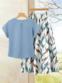 Rusticease 女士度假休闲纯色上衣+印花半裙套装（2件套），女士夏季服装，夏季半裙套装，半裙上衣套装，女士半裙上衣套装，印花半裙套装 - 彩色 - 查看 2