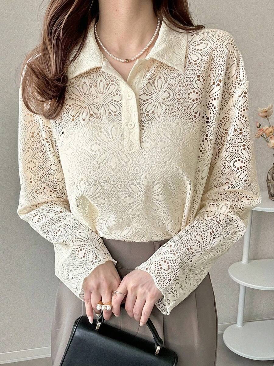 FRIFUL 女款杏色寬鬆短版花卉鏤空上衣,圓領休閒上衣,適合春夏穿著 - 杏色 - 查看 1