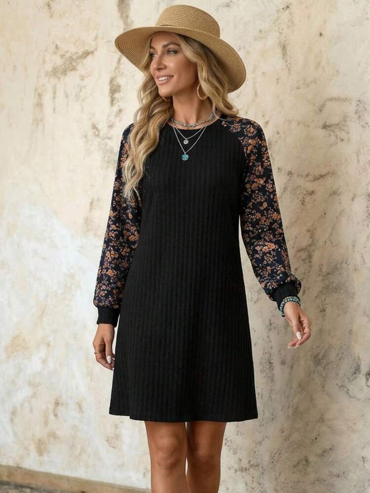 Women's Elegant Patchwork Ditsy Floral Raglan Sleeve Dress, Autumn Women's Casual Contrast Lace Round Neck Raglan Sleeve Short Dress Elegant Dresses For Women Elegant Dresses For Party Women Dresses Autumn Winter One-Piece Dress Ladies Autumn Winter Cozy Fall And Winter Clothes For Women New Year Dress,Dresses For Women Elegant,Black Dress