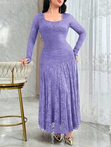 Modelyn Elegant Square Neck Lace Cinched Waist Fishtail Cocktail Dress - Purple - View 4