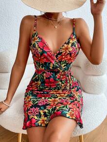 Breezaya Floral Print Ruffle Hem Belted Cami Bodycon Dress - Multicolor - View 4